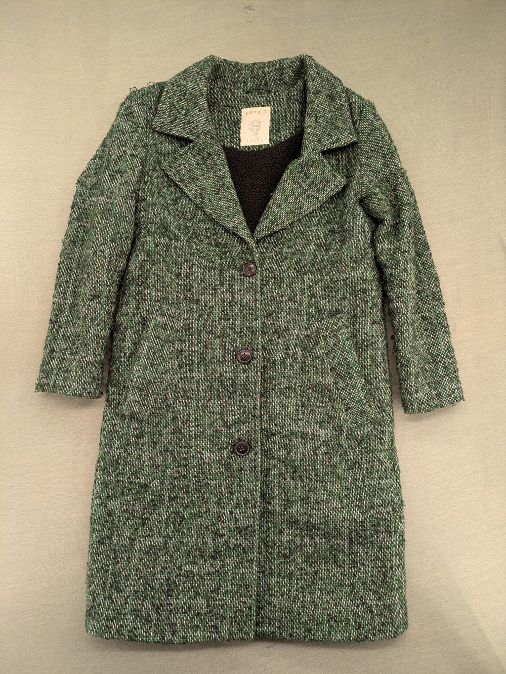 Esprit green black white tweed coat with notch collar and three-button closure.