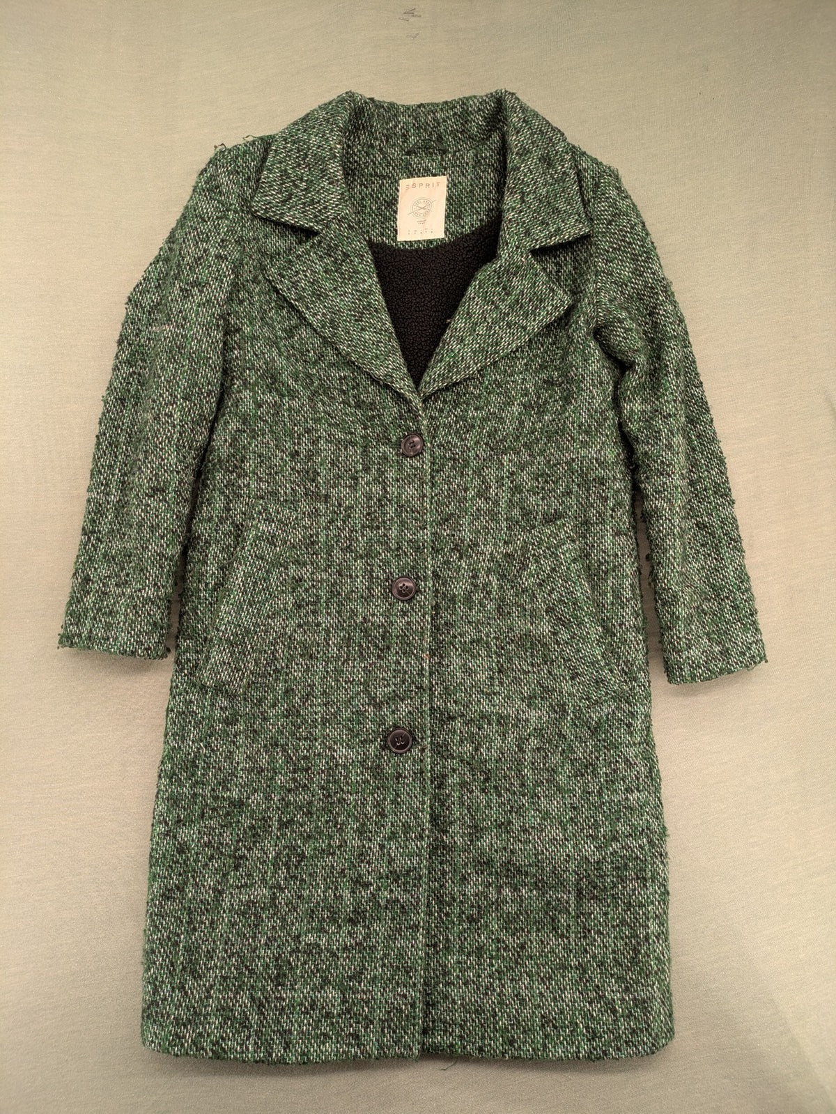 Esprit green black white tweed coat with notch collar and three-button closure.