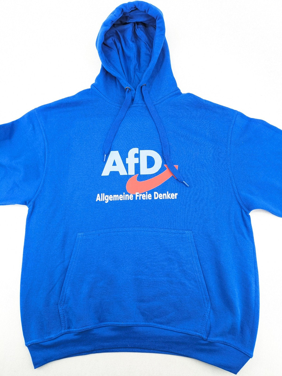 AFD blue pullover hoodie with "AfD Allgemeine Freie Denker" graphic print and kangaroo pocket.
