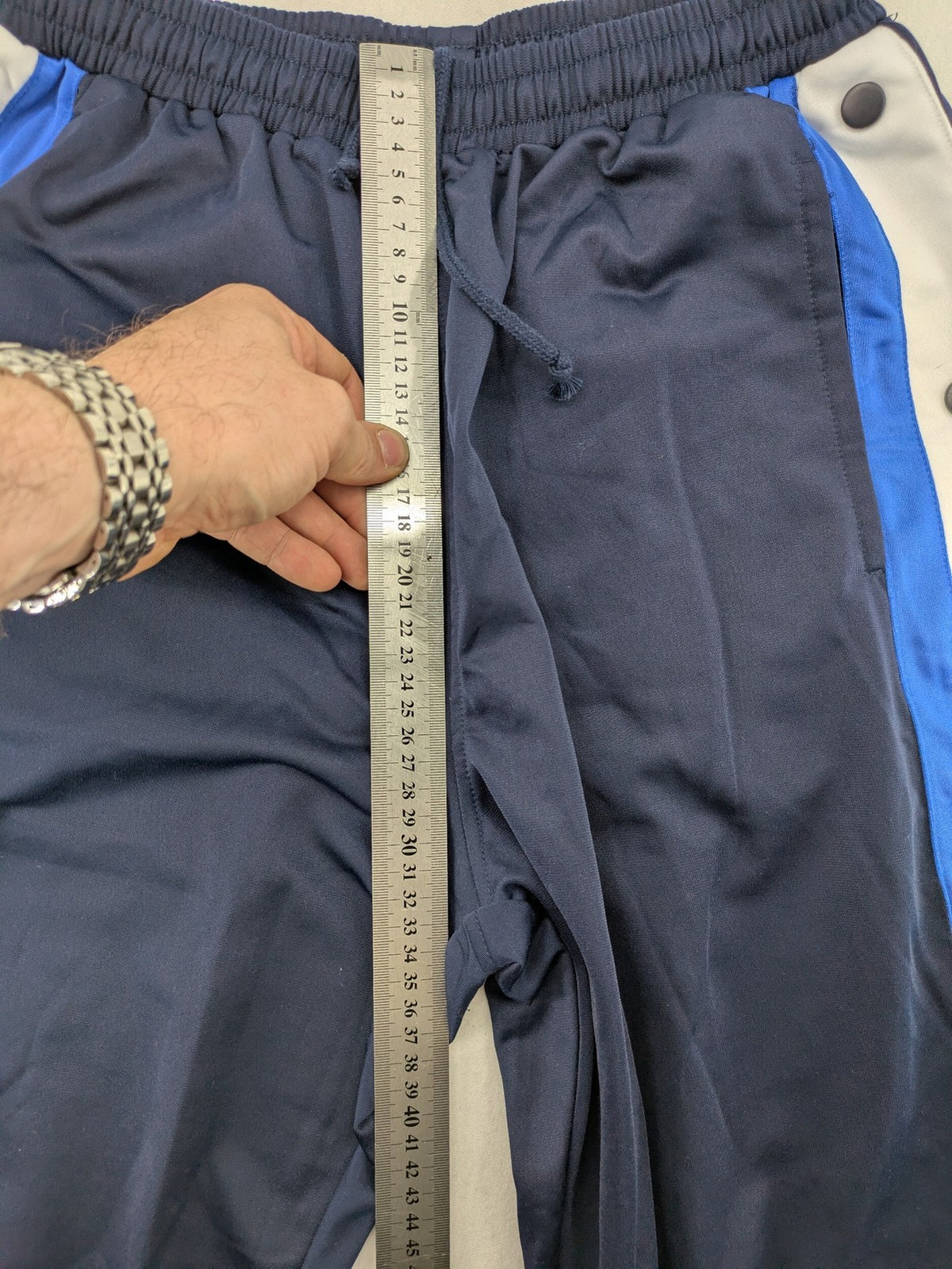 McORVIS blue tearaway training pants with side snap buttons and elastic waistband.