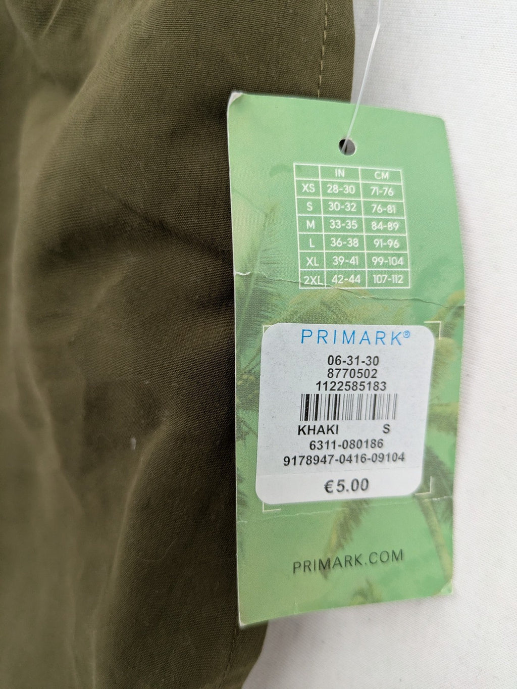 Primark khaki swim shorts size S with elastic waistband and back pocket.