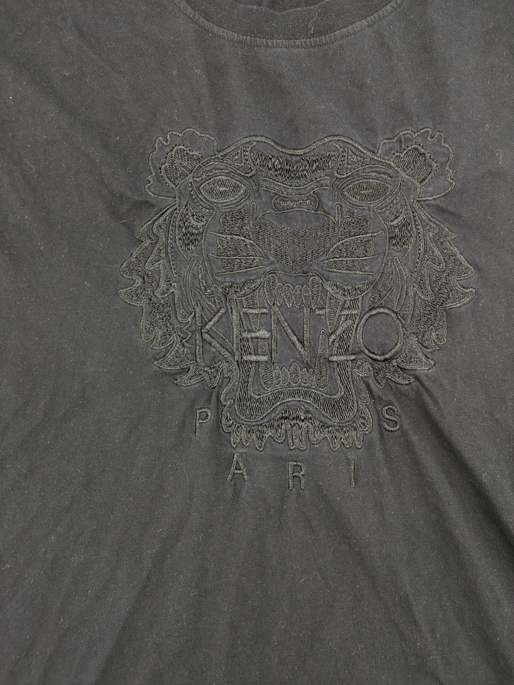 Kenzo grey t-shirt with embroidered tiger logo and "Paris" text in tonal black.