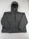 Hypnotism grey windbreaker jacket with hood, snap buttons, and zip closure.