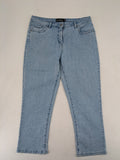 Capri blue straight jeans with 5-pocket design and embroidered details on back pockets.