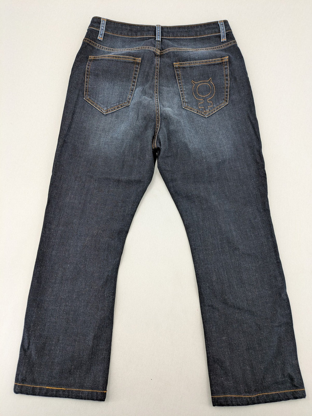 Funky Staff two-tone straight jeans black and blue, colorblock design, embroidered logo on back pocket.