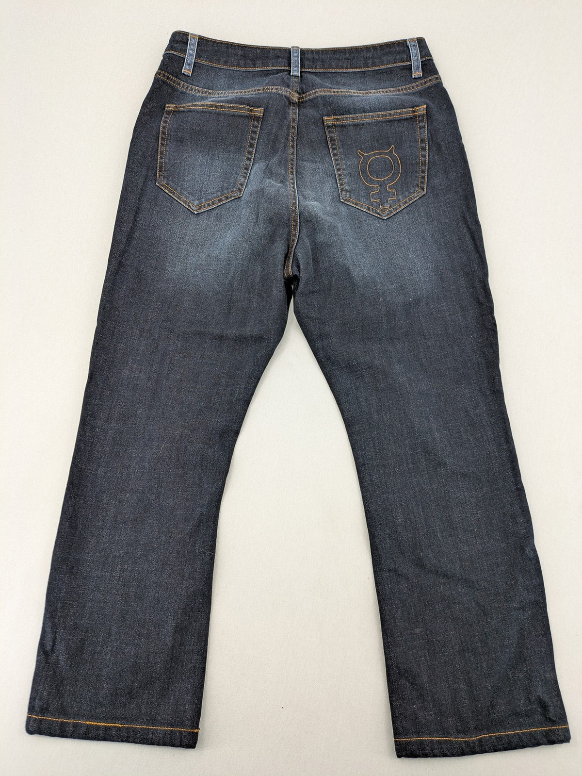 Funky Staff two-tone straight jeans black and blue, colorblock design, embroidered logo on back pocket.