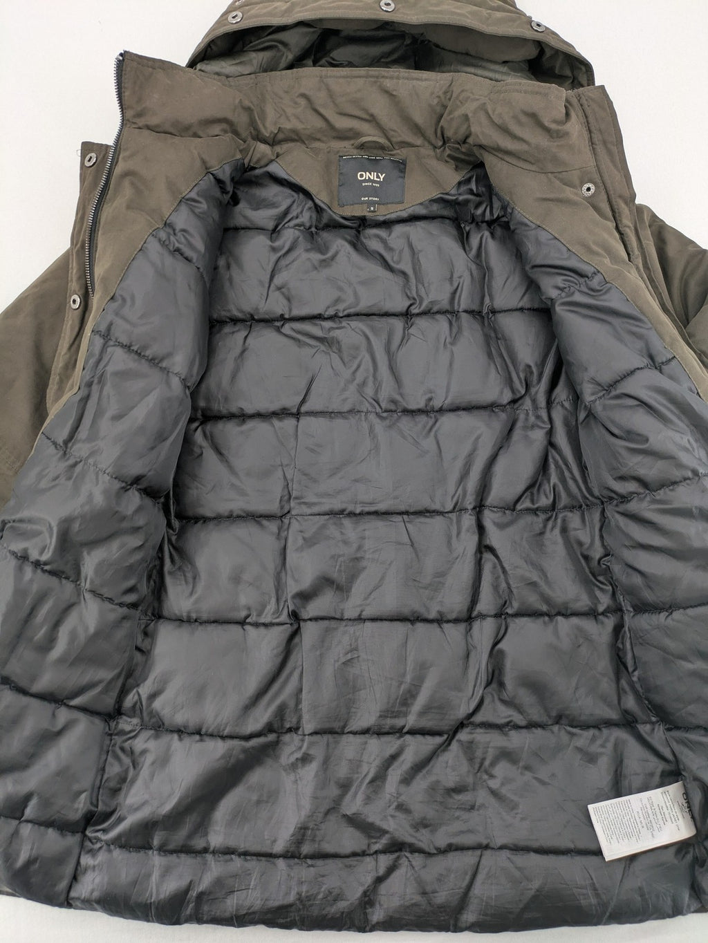 ONLY khaki parka coat with hood, quilted lining, and ribbed cuffs.