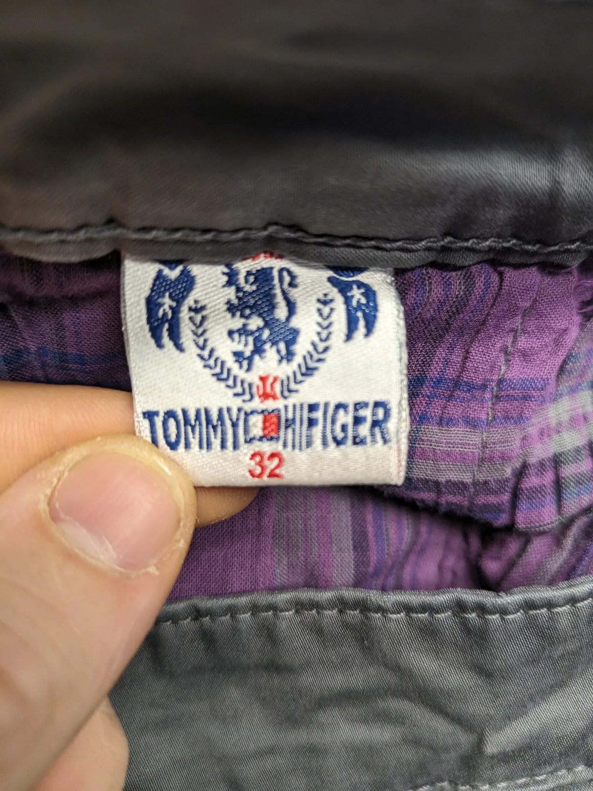 Tommy Hilfiger grey chino pants flat front straight leg subtle logo detail