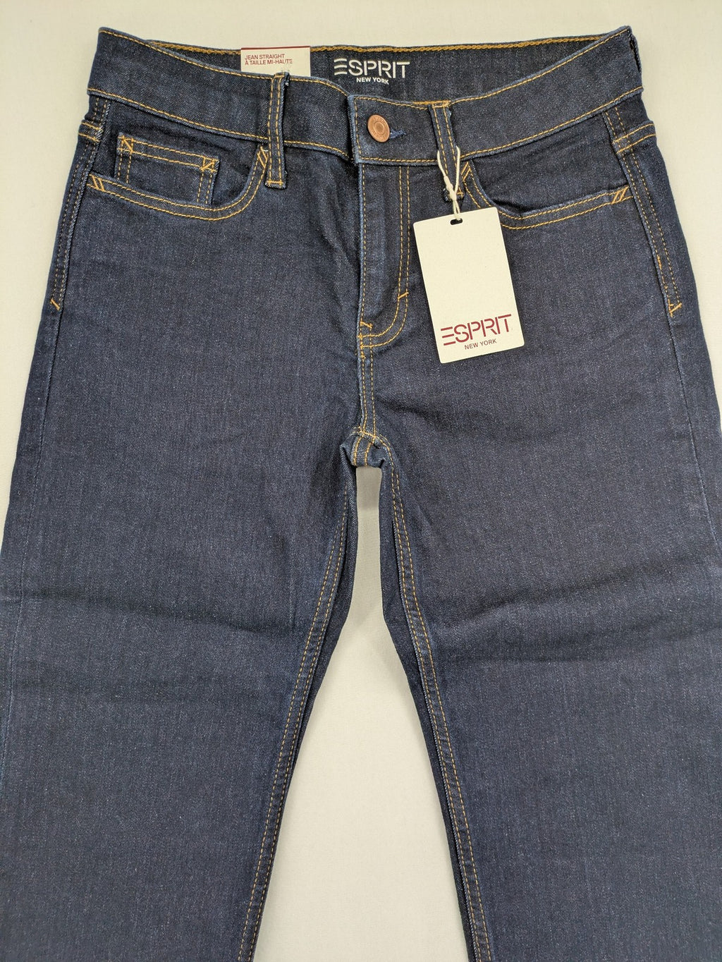 Esprit blue straight leg jeans mid rise with classic 5-pocket design and contrast stitching.
