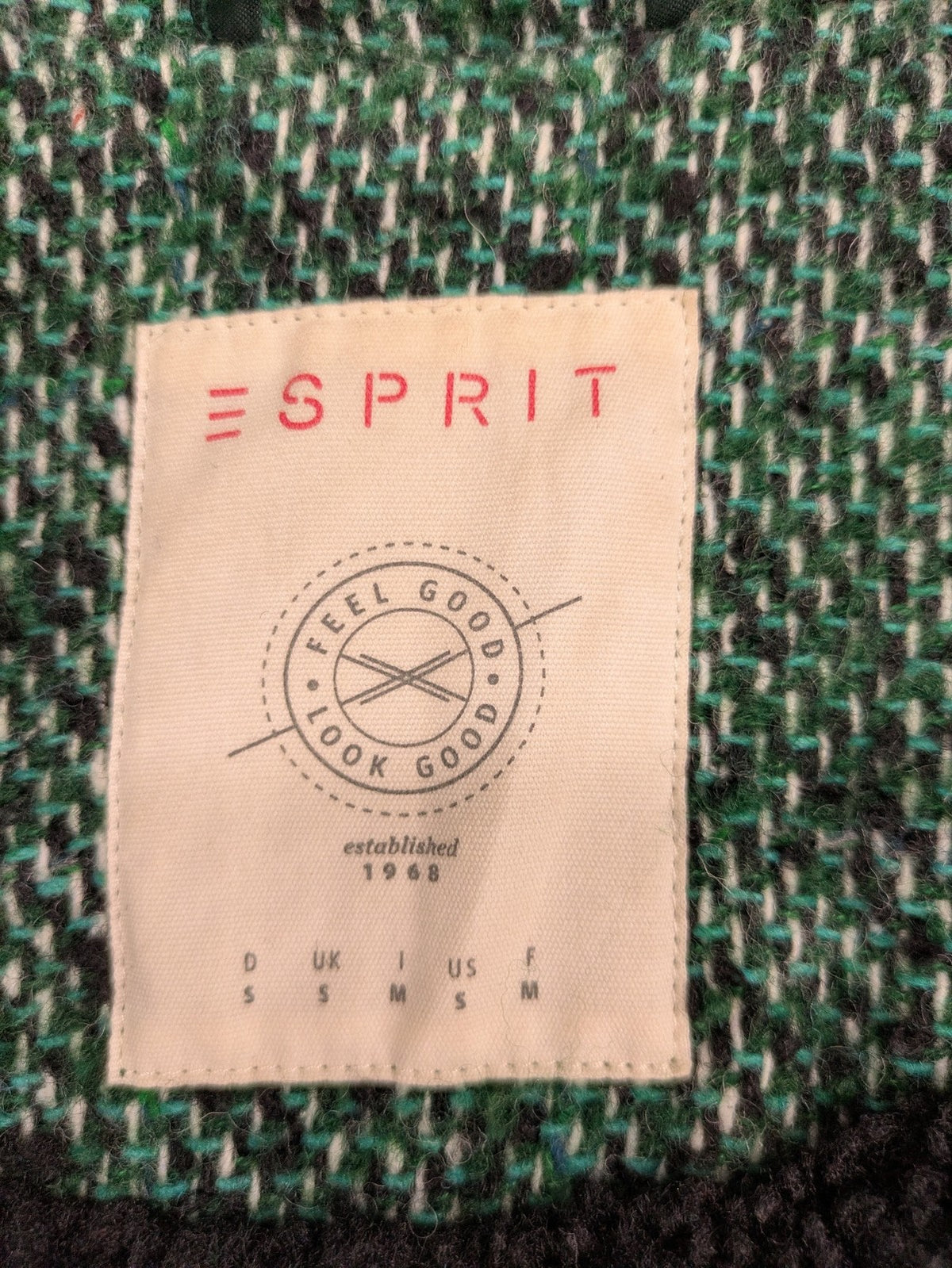 Esprit green black white tweed coat with notch collar and three-button closure.