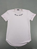 MIZ-U white longline t-shirt with "Street Angels" embroidery and rolled sleeves.