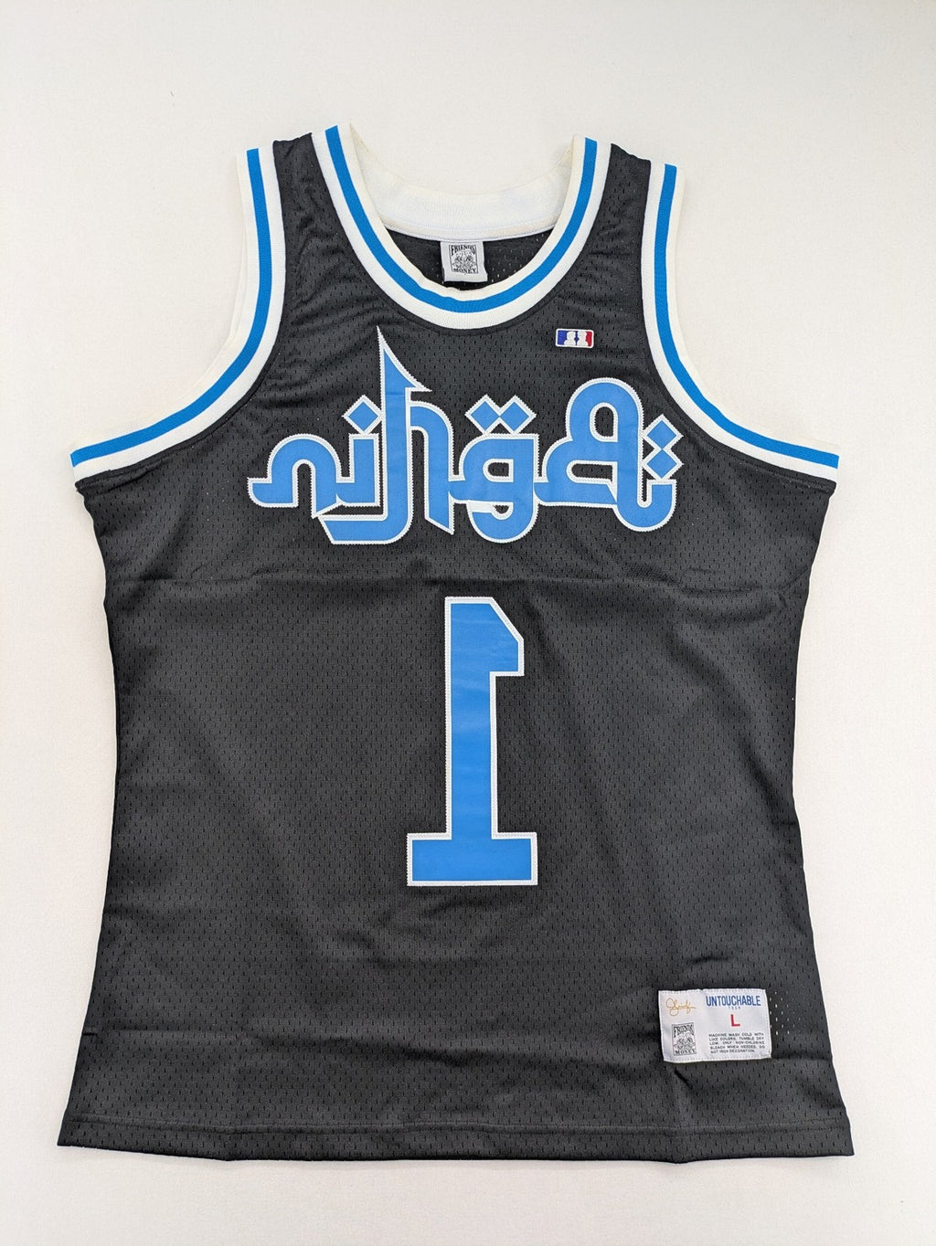 Friends With Money blue basketball jersey black mesh with stylized graphic and number "1