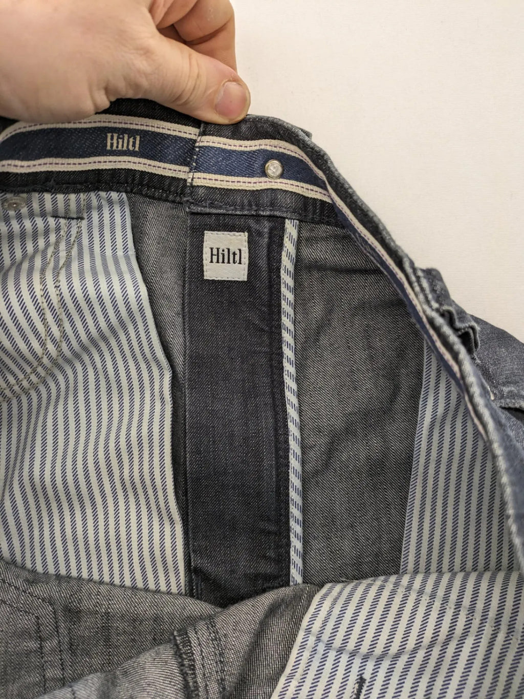Hiltl grey straight jeans classic 5-pocket design with zipper, premium denim material.