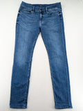 7 For All Mankind blue straight jeans with 5-pocket design and logo on back pocket.