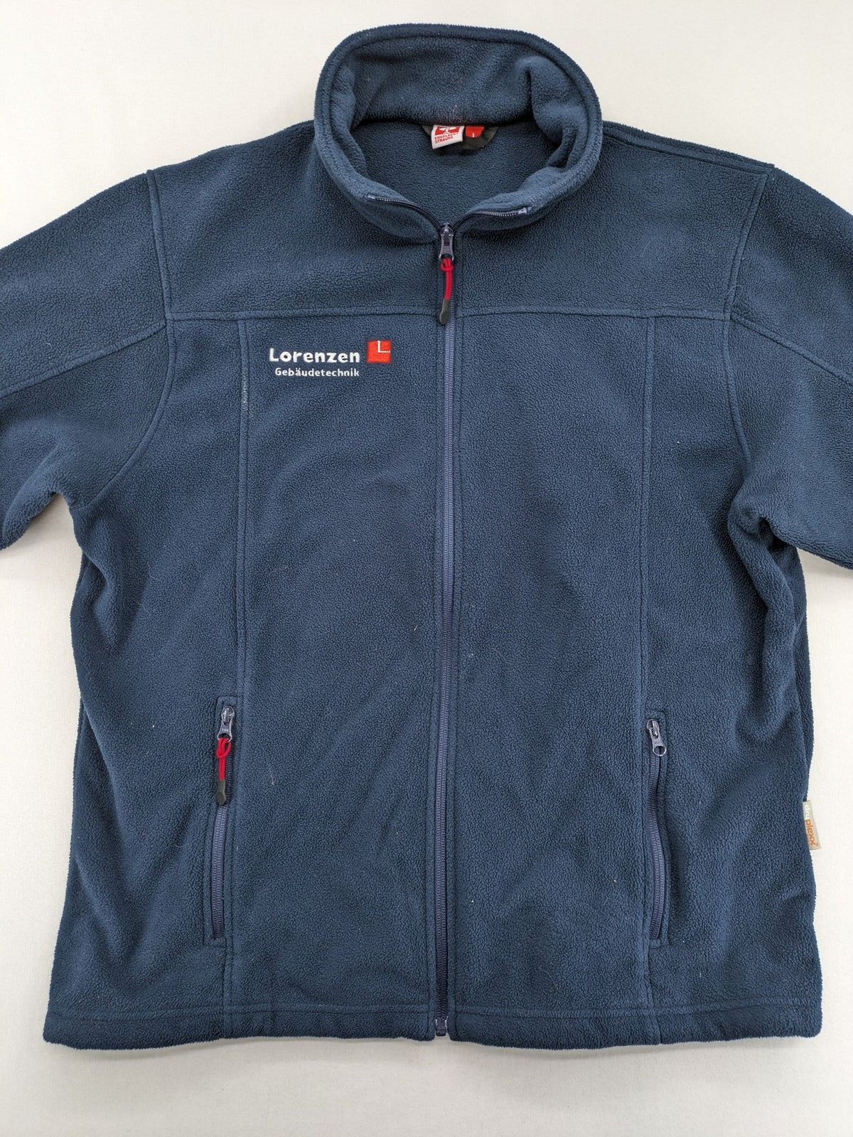 engelbert strauss navy fleece jacket embroidered Lorenzen Gebäudetechnik logo, full zip