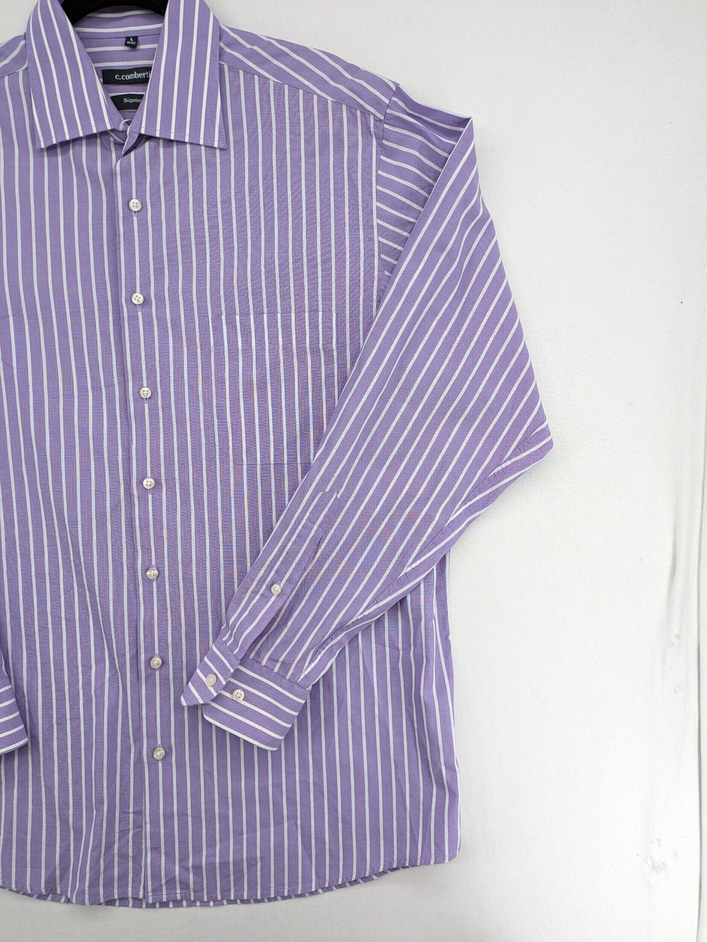 C.Comberti pink button-up shirt with vertical purple and white stripes, easy-care fabric.