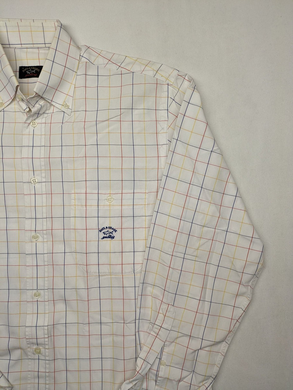 Paul & Shark multi-check long sleeve button-down shirt with embroidered logo on chest.