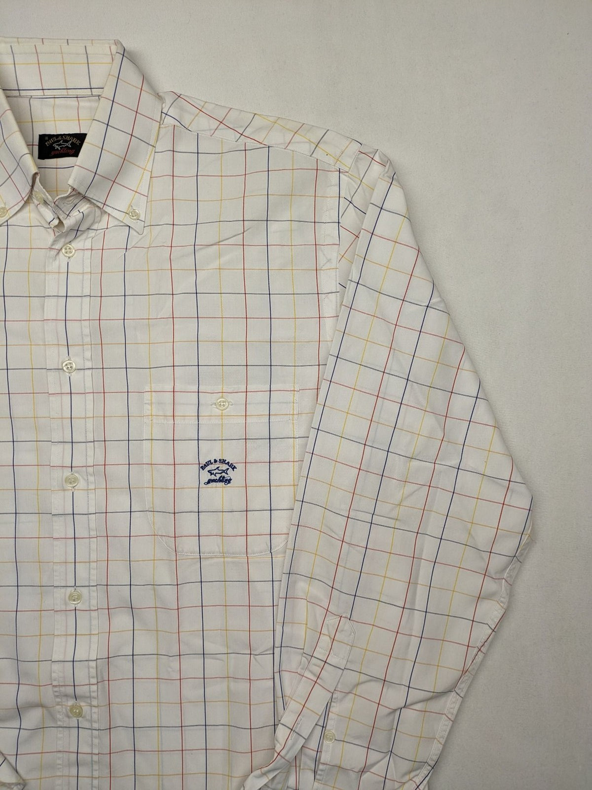 Paul & Shark multi-check long sleeve button-down shirt with embroidered logo on chest.