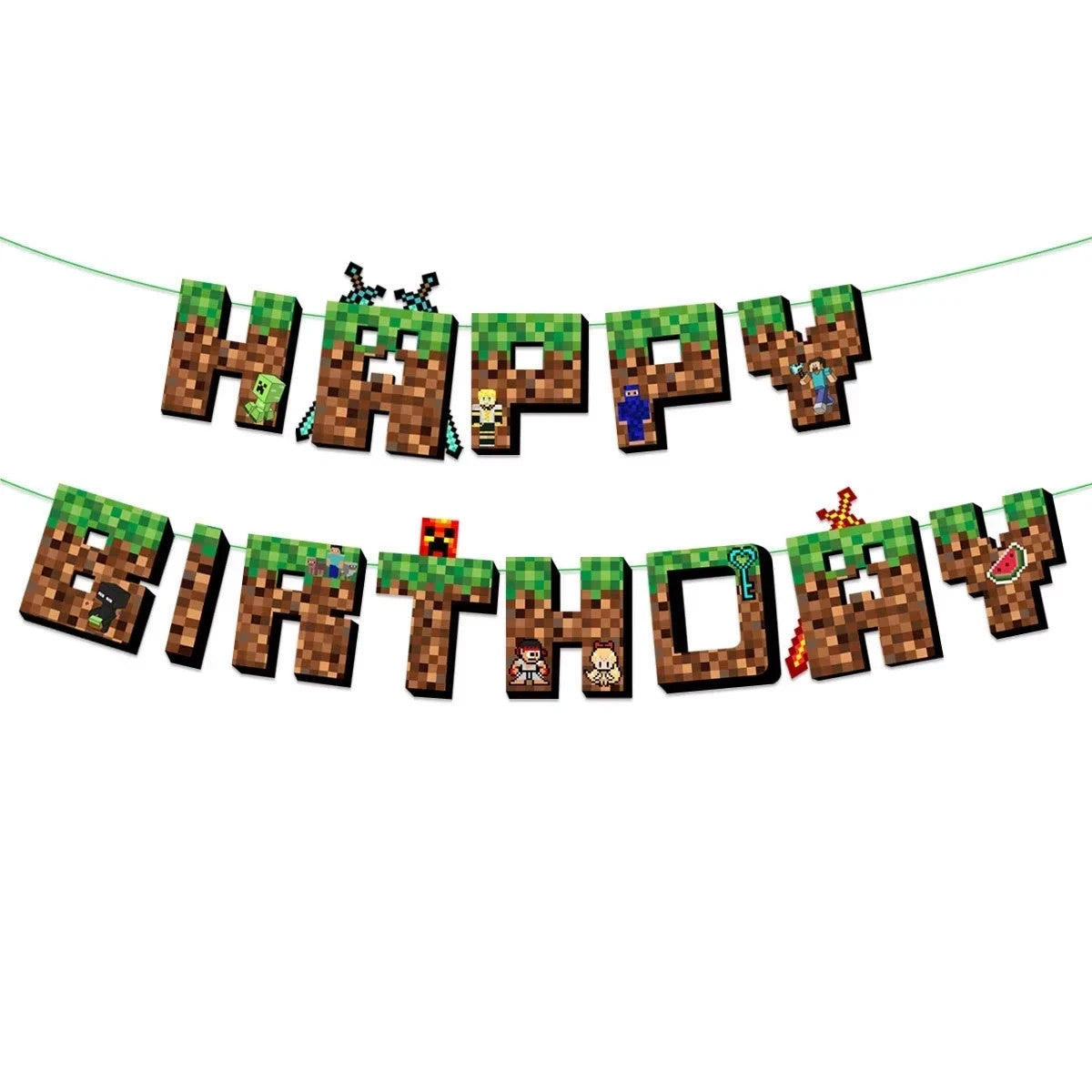 Game Mine black and green toy gift basket with Minecraft character balloons and cake toppers.