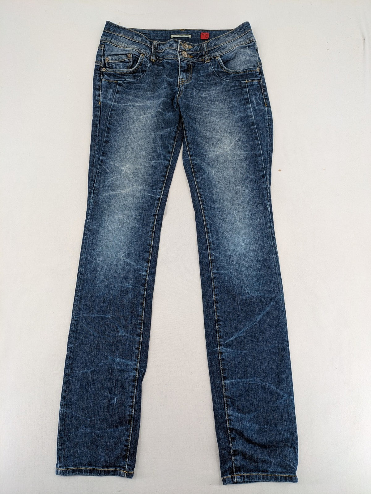 QS by s.Oliver green straight jeans five-pocket design with unique double button closure