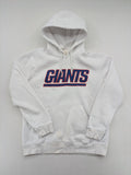 New York white hoodie with raised blue and red "GIANTS" logo and adjustable hood.