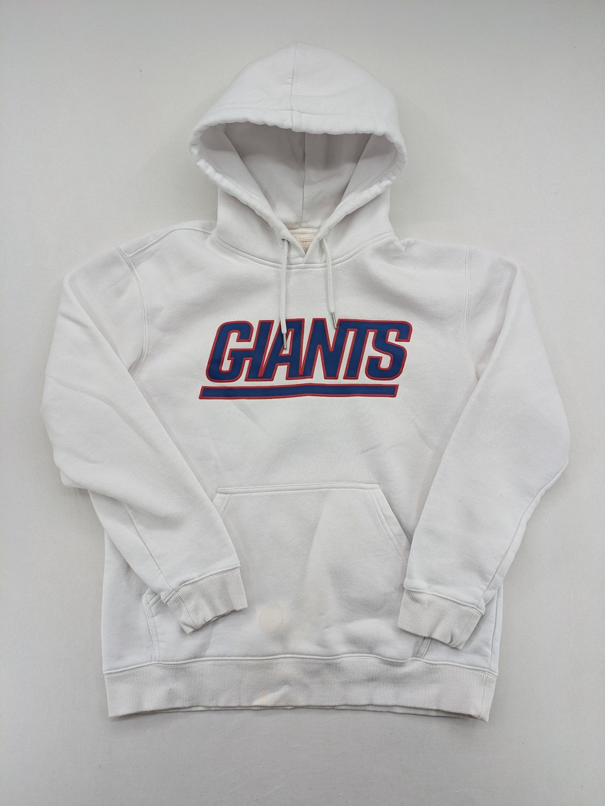 New York white hoodie with raised blue and red "GIANTS" logo and adjustable hood.
