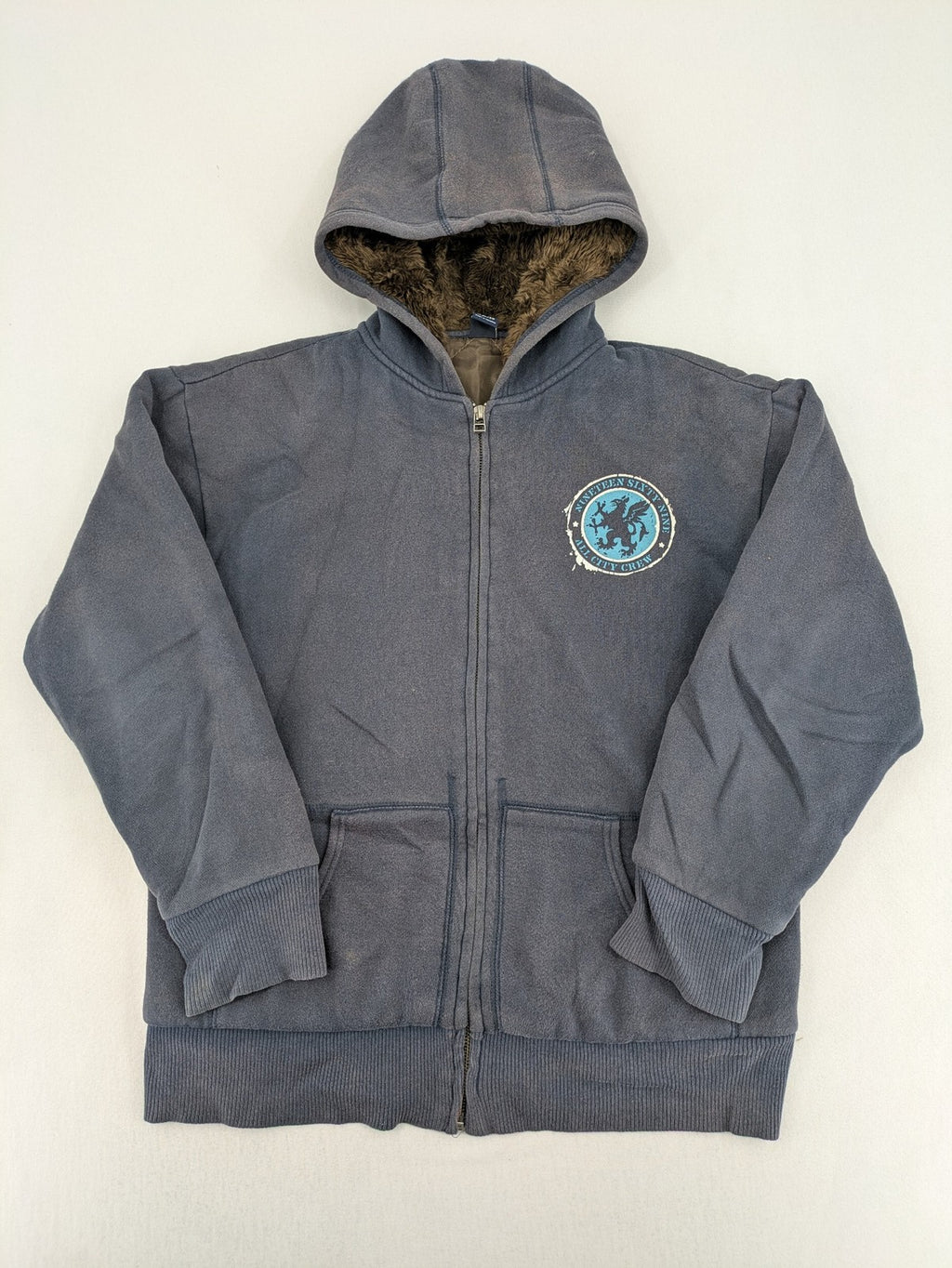 Gap Kids blue and grey zip-up hoodie with "All City Crew" logo and Sherpa lining.