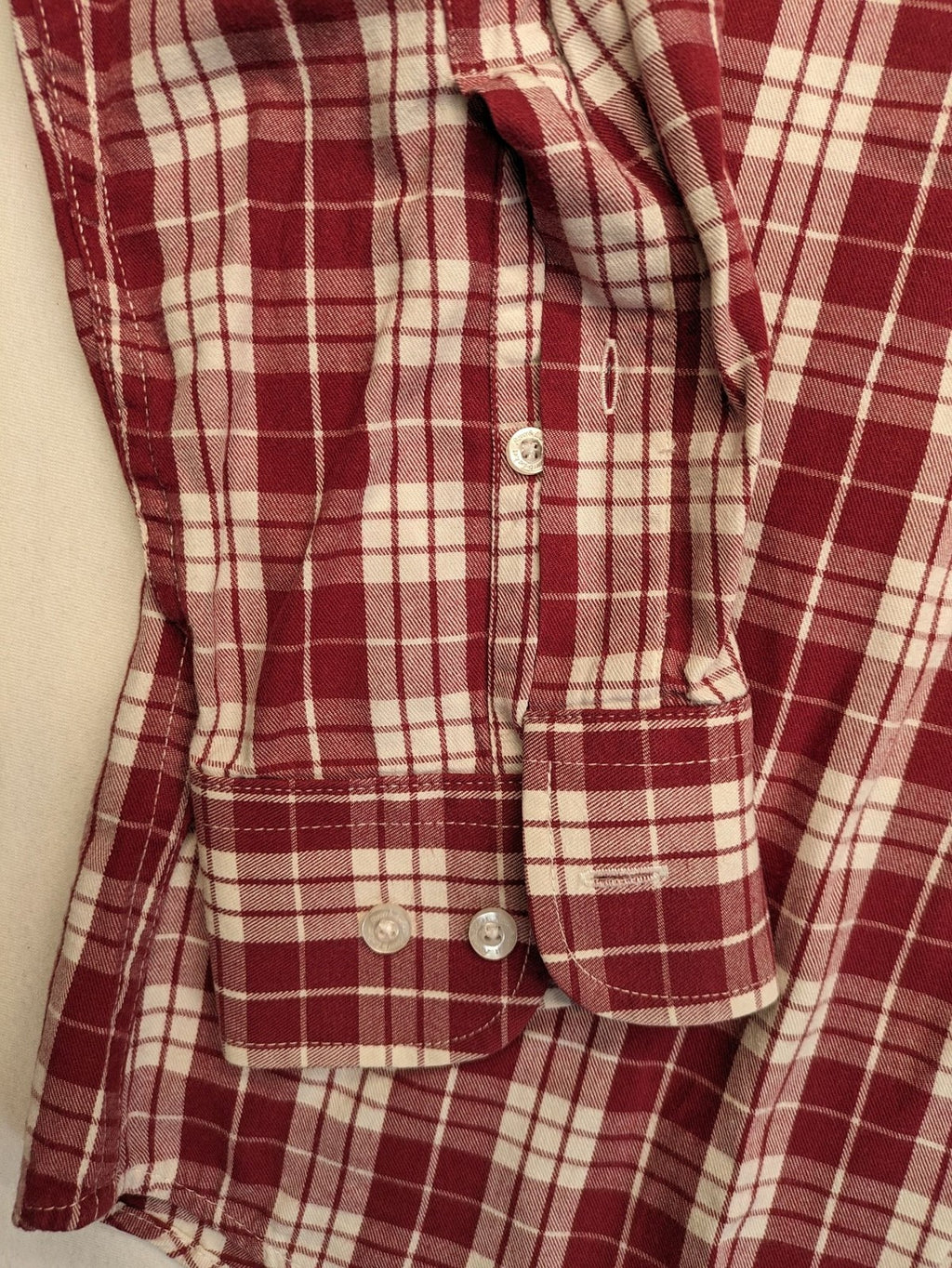 Rover & Lakes red checkered long sleeve shirt, button-down collar, 100% cotton twill.