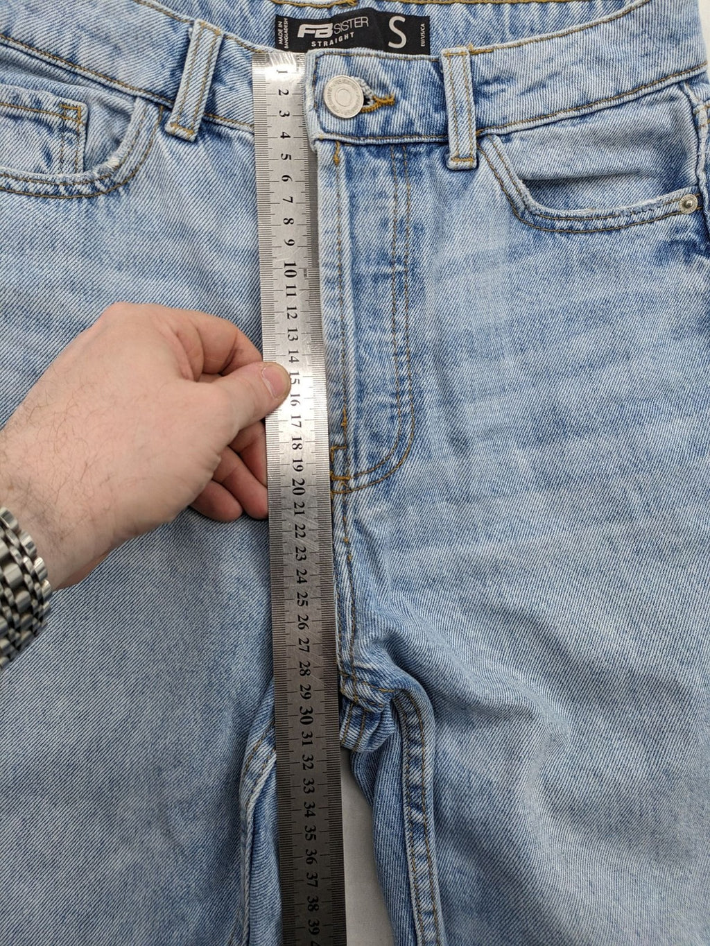 FB Sister blue straight leg jeans high rise with distressed detailing and button fly.