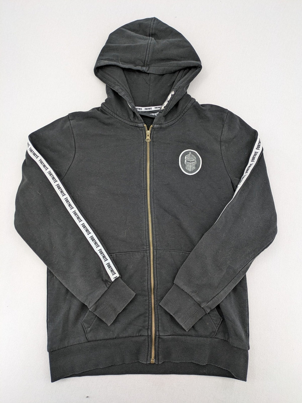 Fortnite black zip-through hoodie with logo on sleeves and Black Knight patch on chest.