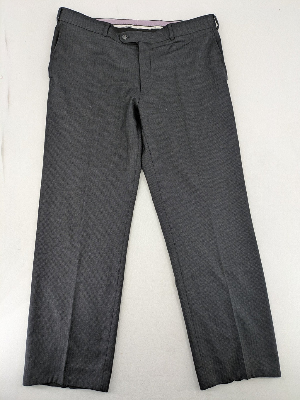Desch grey suit pants with subtle pinstripe pattern and flat front design.