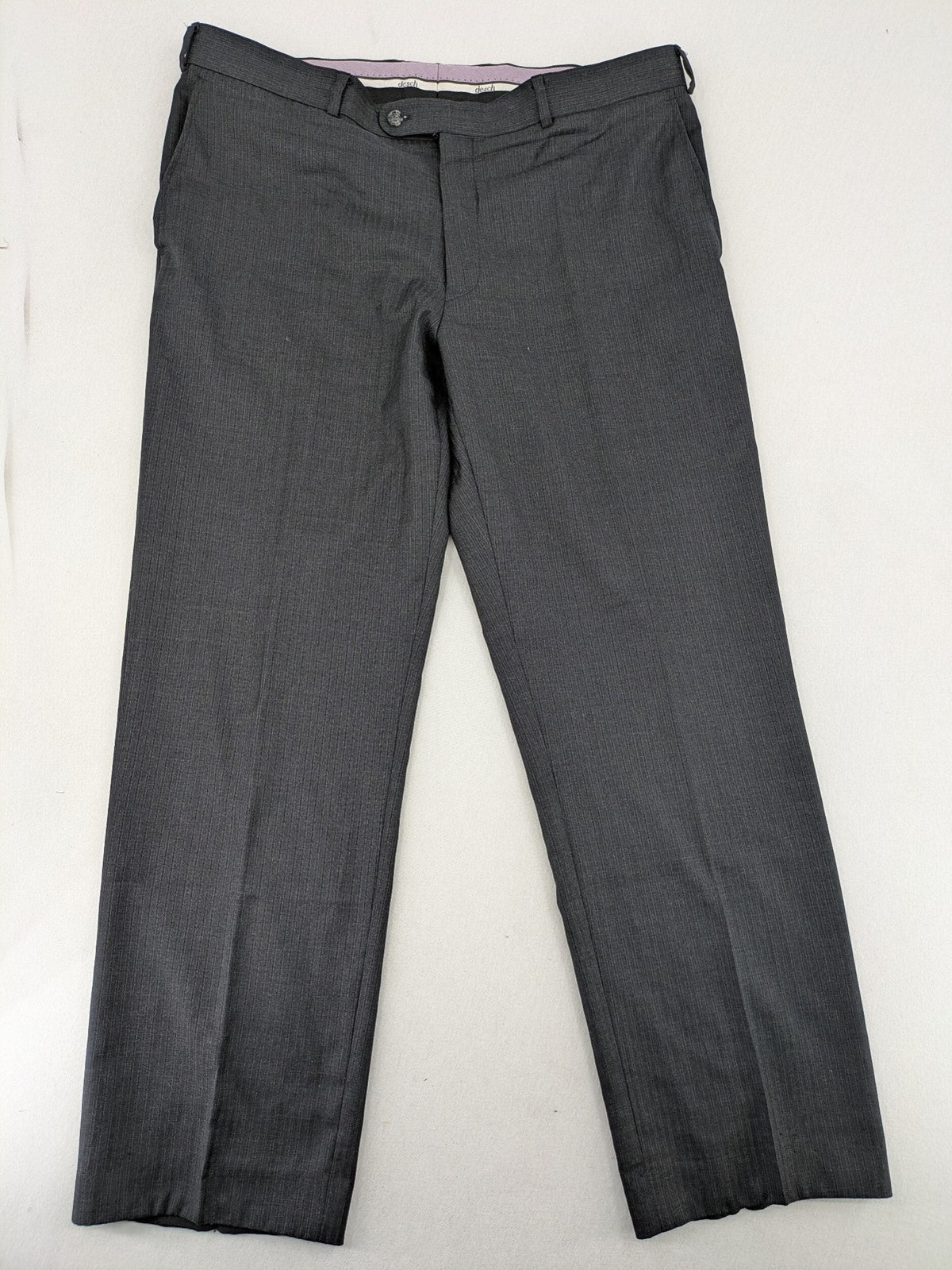 Desch grey suit pants with subtle pinstripe pattern and flat front design.