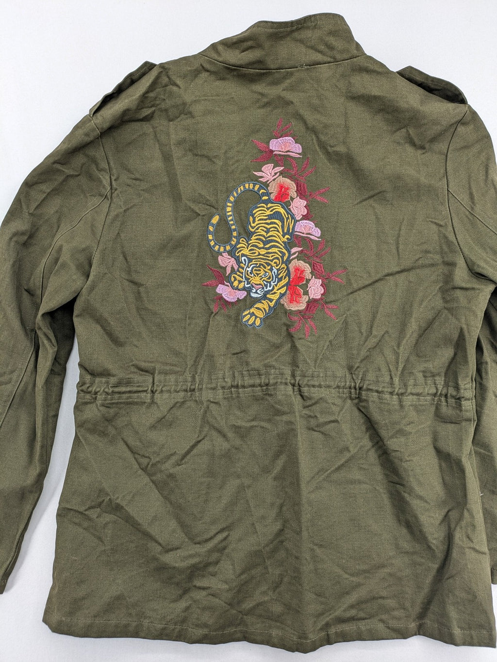 MyHailys green military jacket cotton with embroidered tiger and floral details.