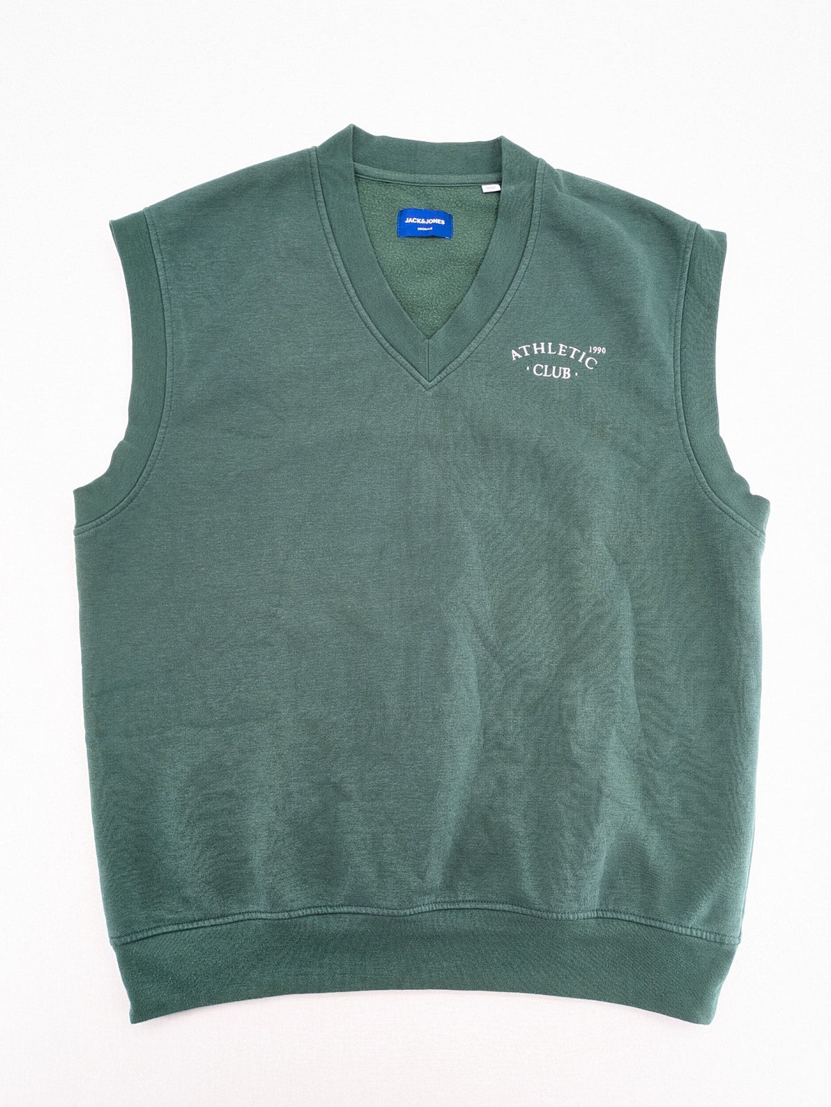 Jack & Jones Originals green vest with embroidered Athletic Club 1990 logo and V-neck.