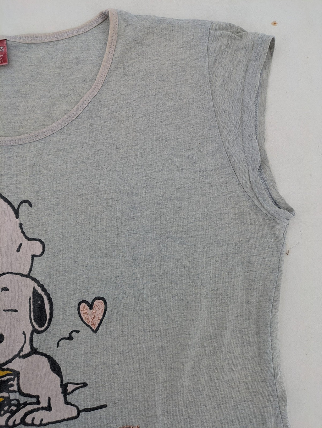 Peanuts brown vintage top with Snoopy and Charlie Brown illustration, rose gold text.