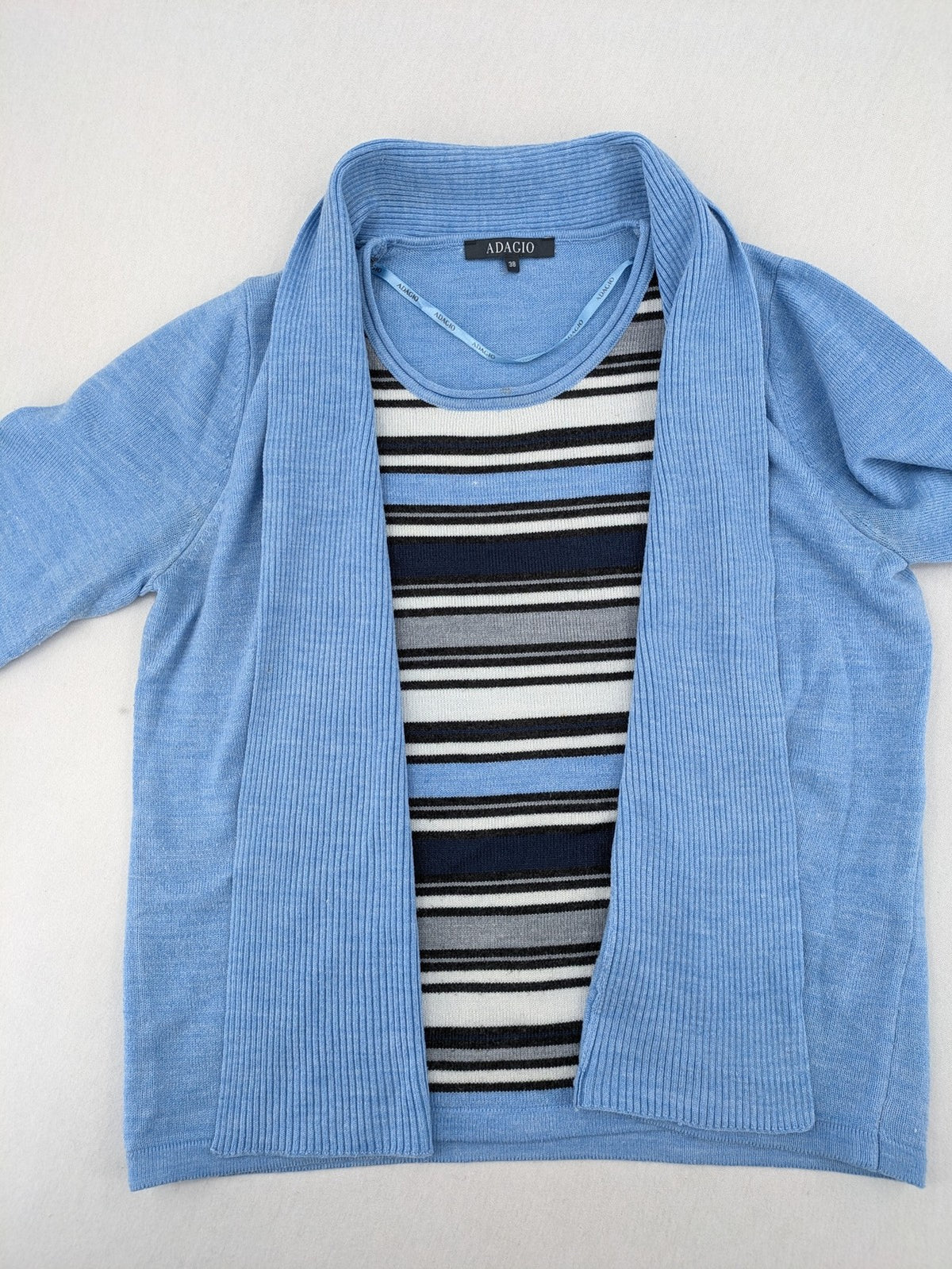 Adagio multi turtle neck jumper set, light blue cardigan, striped top, 100% polyacryl.