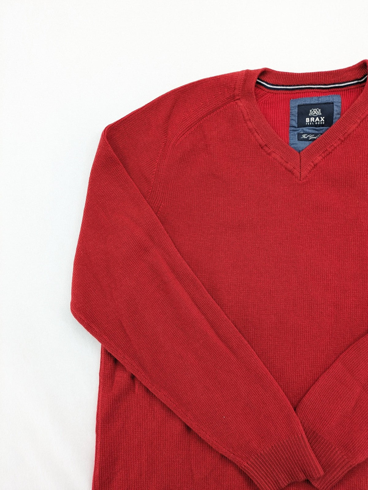 BRAX red turtle neck jumper V-neck design made from merino wool and cotton blend.