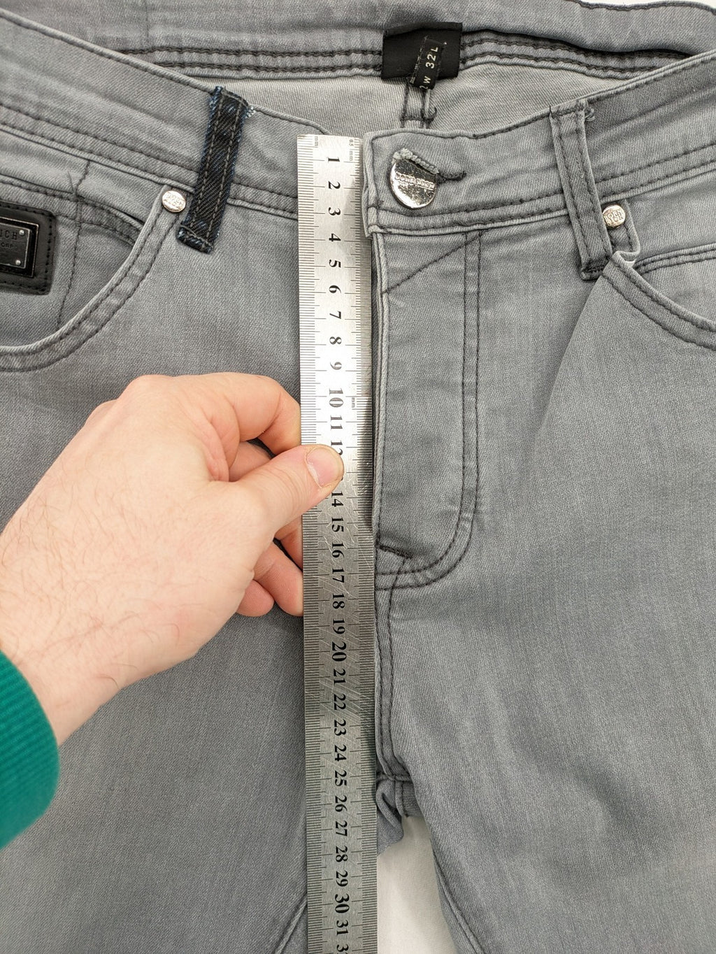 Born Rich grey slim fit jeans with logo patch and washed denim look.
