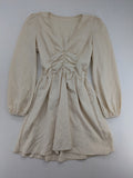 SHEIN beige bridal party dress with V-neck, ruffled bodice, and bishop sleeves.