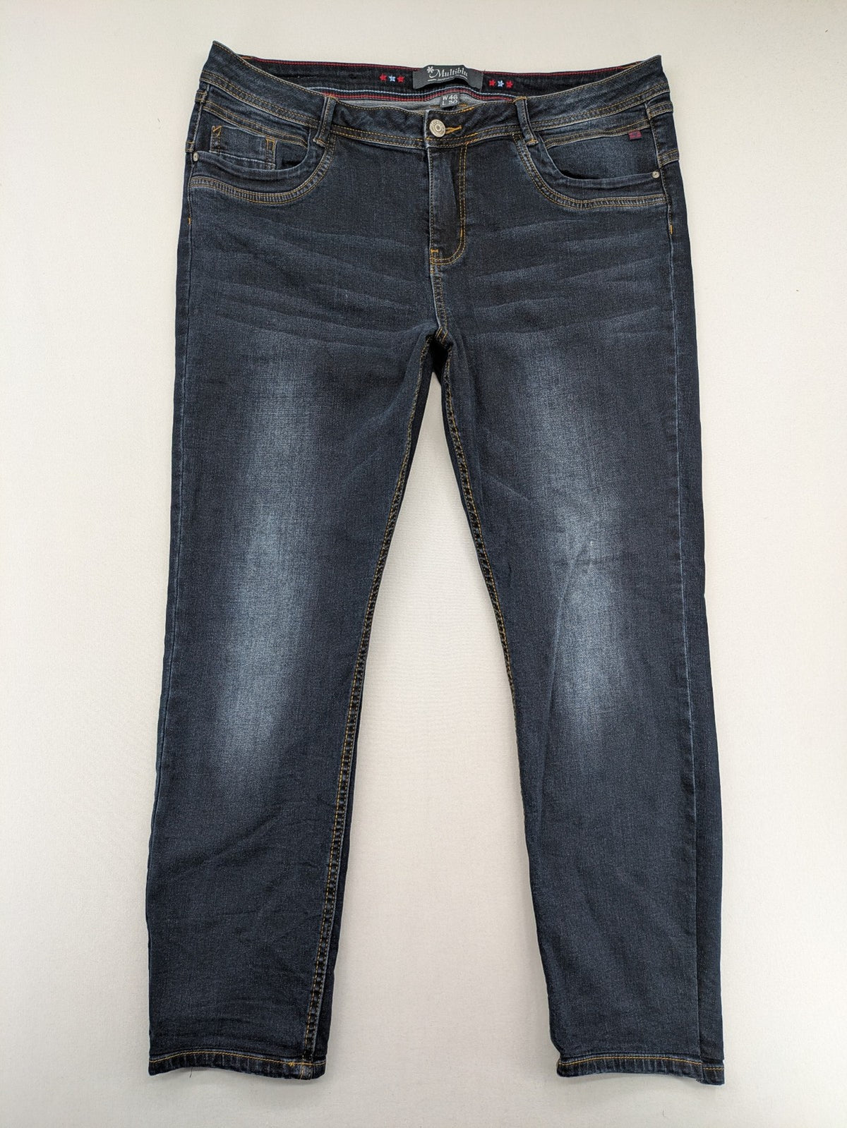 Multiblu blue straight jeans medium waist used look 5-pocket design with button and zipper.
