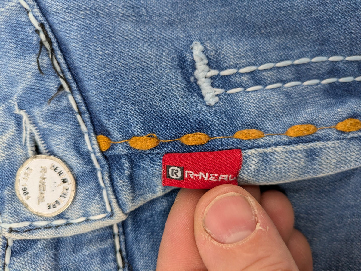 R-Neal blue straight jeans with red-white contrast stitching and classic 5-pocket design.
