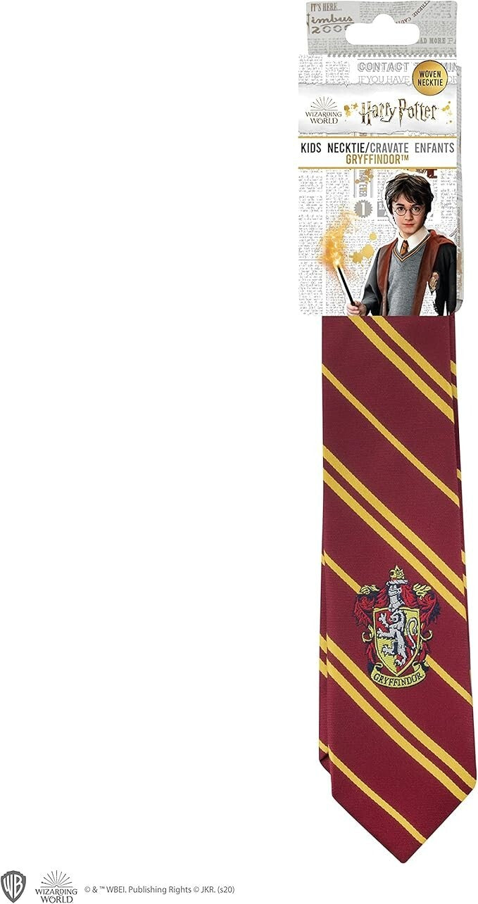 Harry Potter necktie gold with red stripes and Gryffindor house crest design.