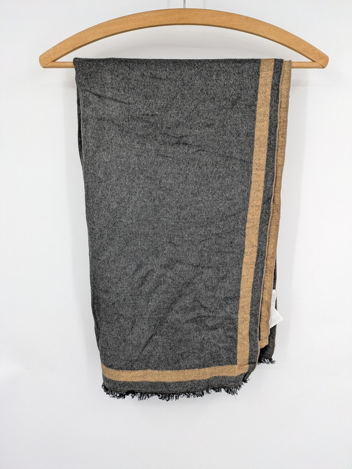 Romano beige and grey scarf with classic brown border stripes and fringes.