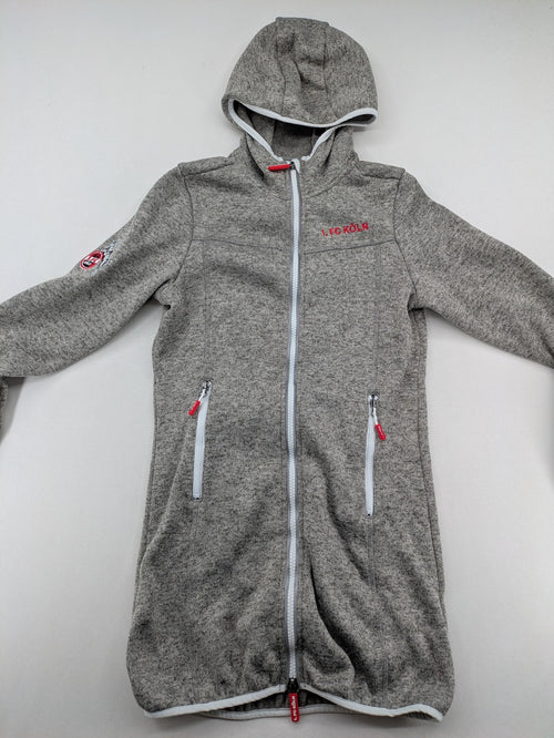 1. FC Köln grey fleece jacket with embroidered logo and hood, perfect for fans.