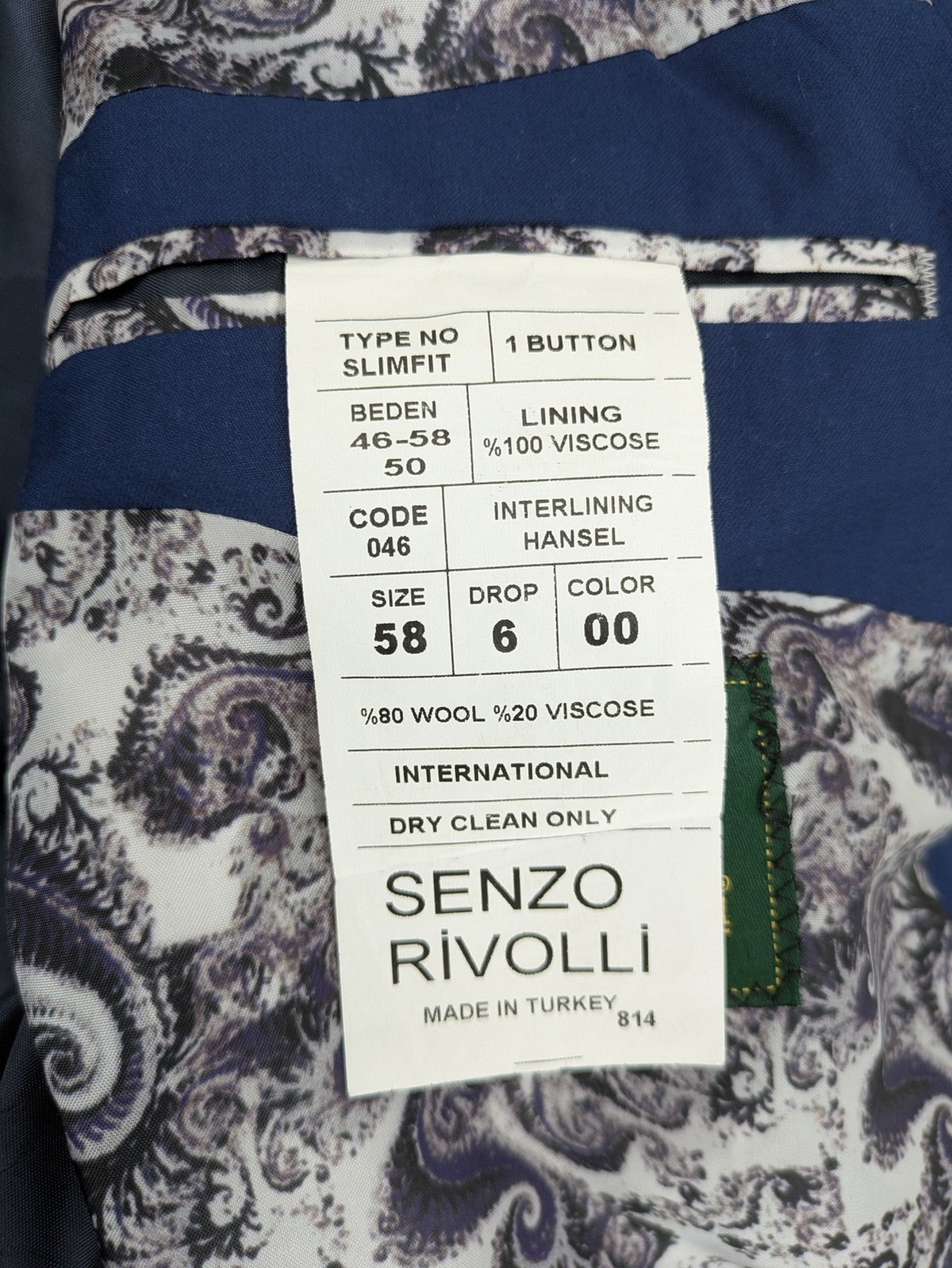 Senzo Rivolli blue slim fit suit, 3-piece, made of wool and viscose, elegant design.
