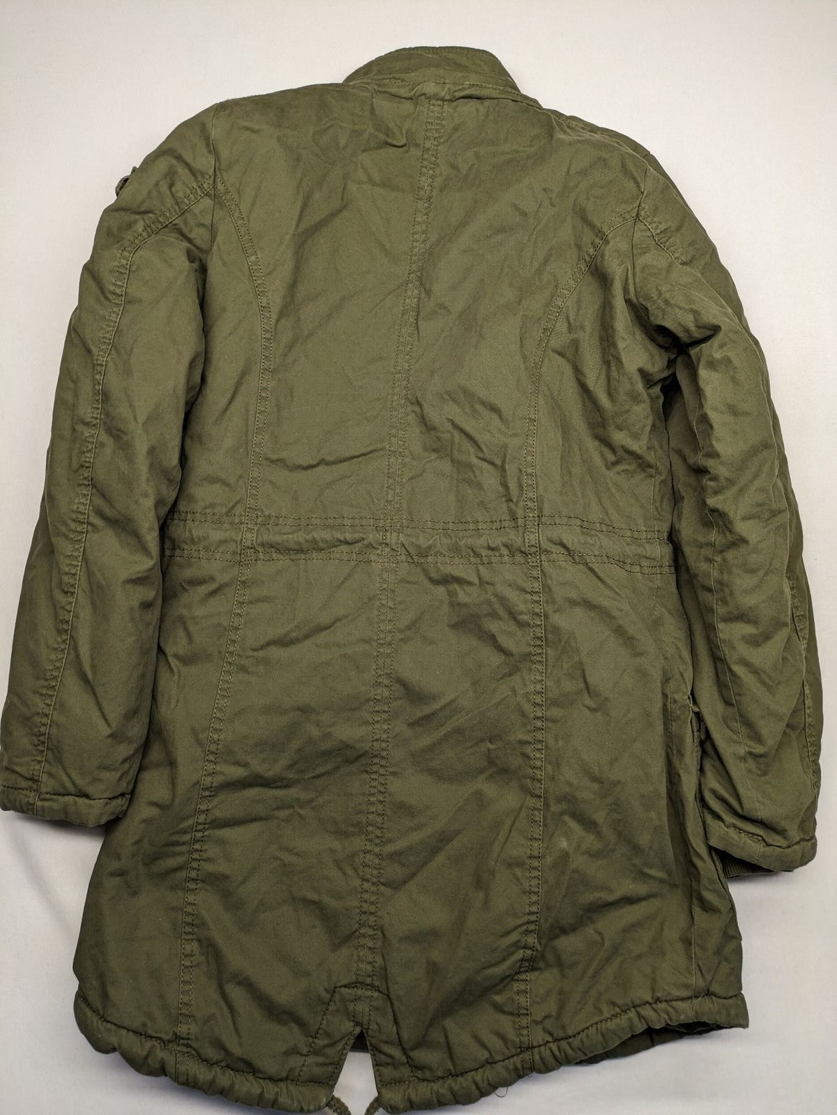 Vp Fashion khaki parka coat with "Bloomin' Lovely" floral embroidery and quilted lining.