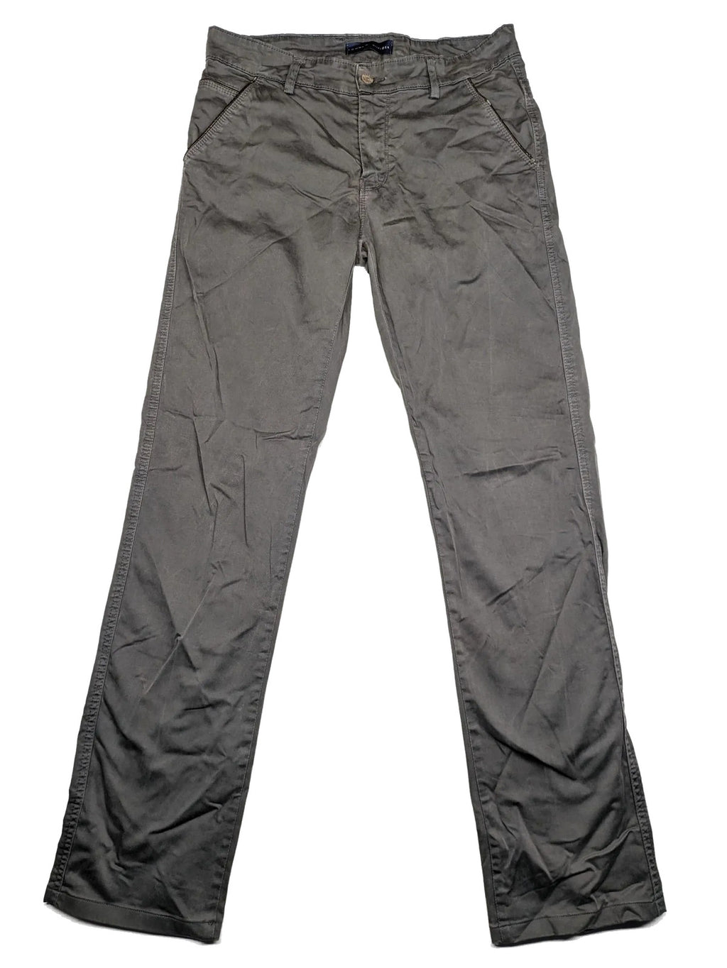 Tommy Hilfiger grey chino pants flat front straight leg subtle logo detail