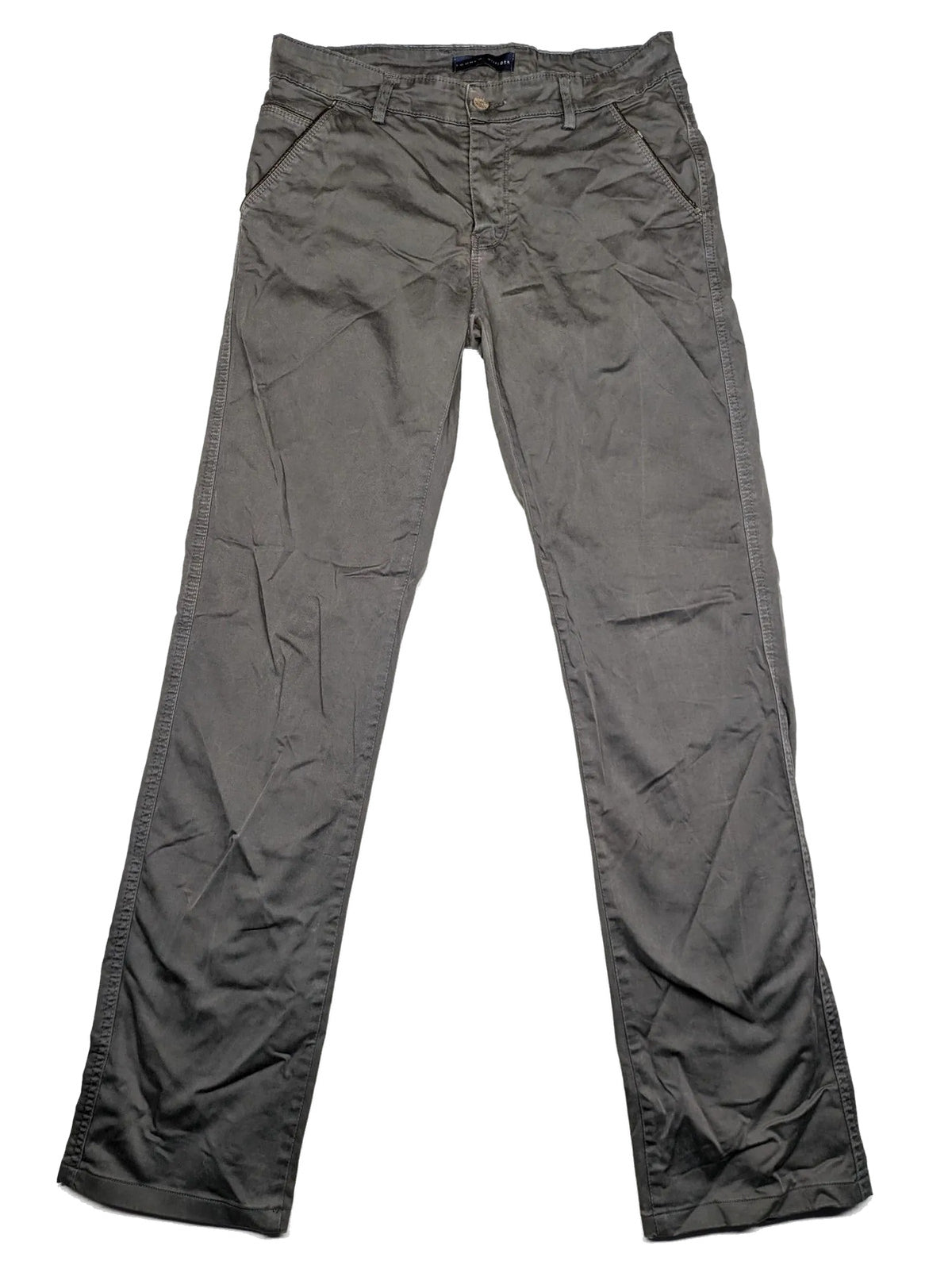 Tommy Hilfiger grey chino pants flat front straight leg subtle logo detail