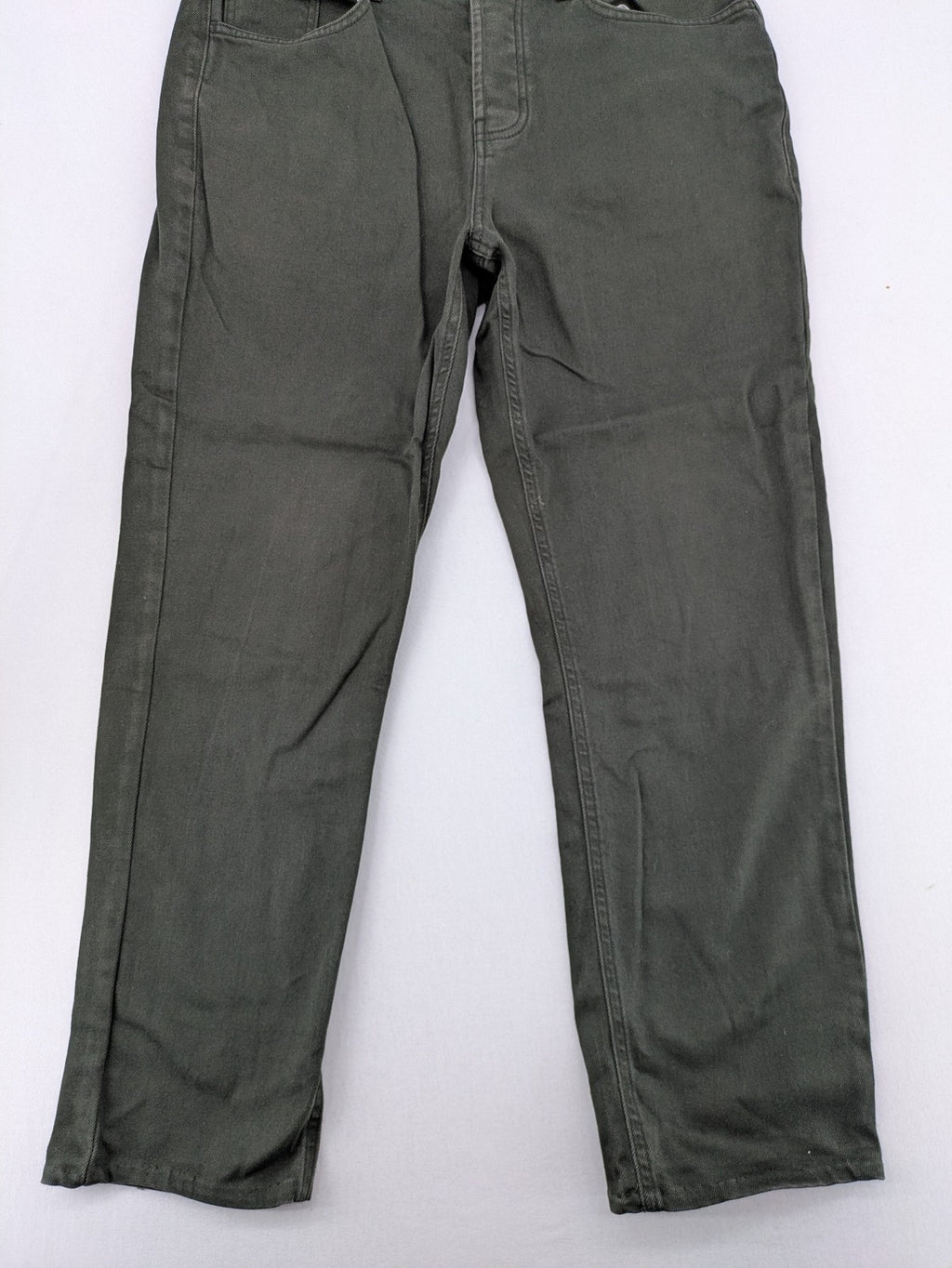 Denim & Co. green straight jeans 5-pocket design, cotton-stretch material.