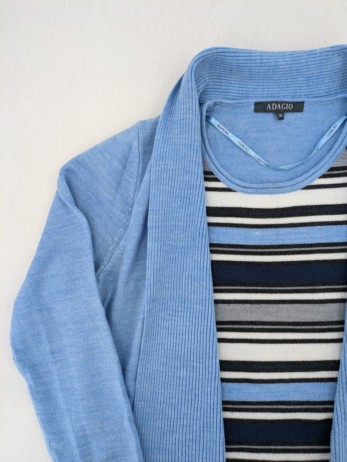 Adagio multi turtle neck jumper set, light blue cardigan, striped top, 100% polyacryl.